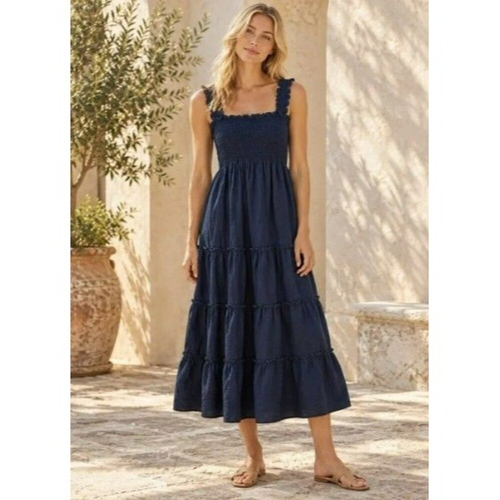 Quince 100% European Linen Smocked Tiered Midi Dress Navy Blue Women's Medium